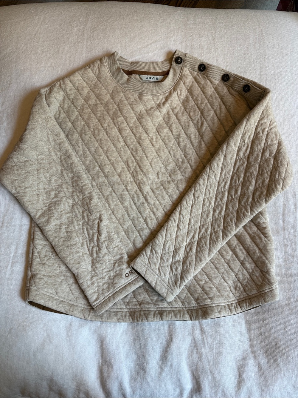 Orvis Quilted Button-Shoulder Sweatshirt in Light Tan